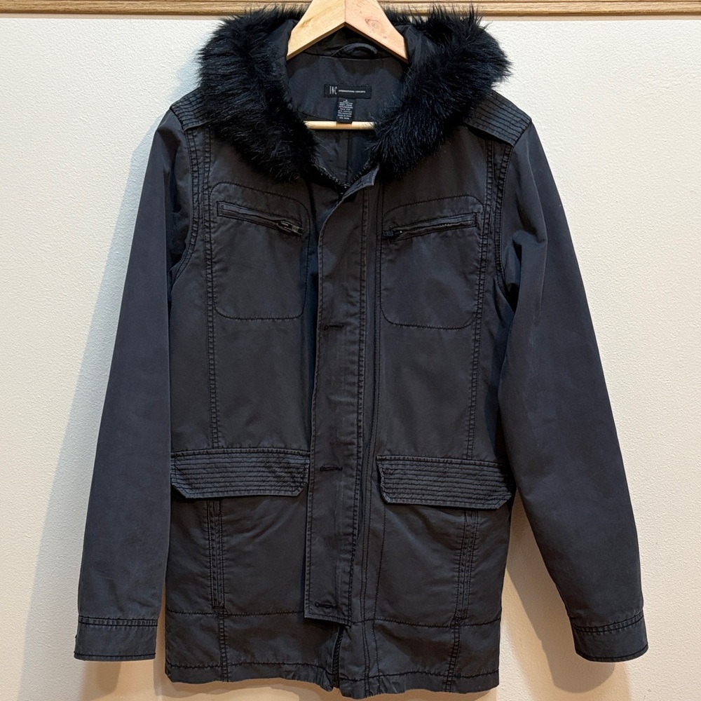 INC International Concepts Dark Gray or Black Military Jacket with Fur Trim